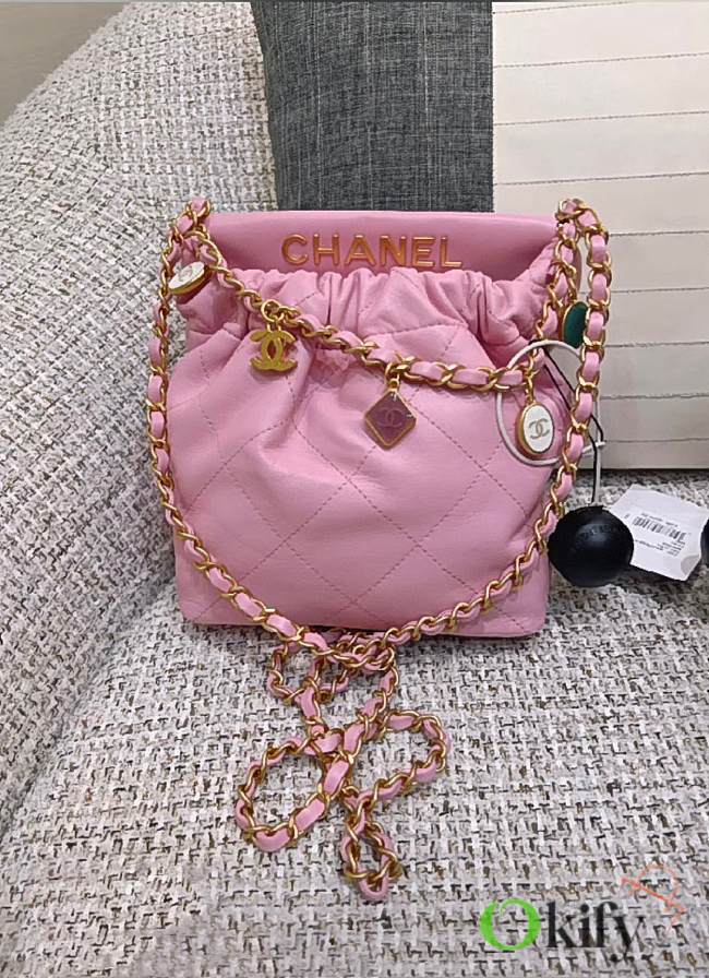 Okify Chanel Resin Charms Chain Bucket Bag Quilted Lambskin Small Light Pink - 1