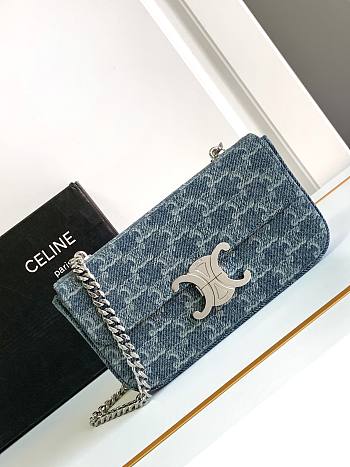 Okify Celine Chain Shoulder Bag Claude In Denim With Triomphe All-Over Denim / Silver