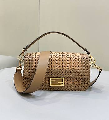 Okify Fendi Baguette Sand And Brown Interlaced Leather Bag