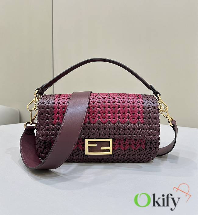 Okify Fendi Baguette Burgundy Braided Leather Bag - 1