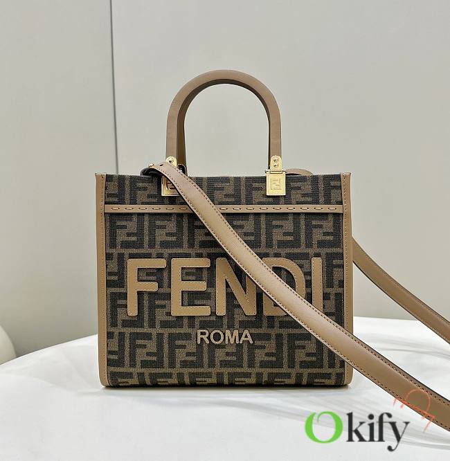 Okify Fendi Sunshine Small Brown FF Jacquard Fabric Shopper - 1