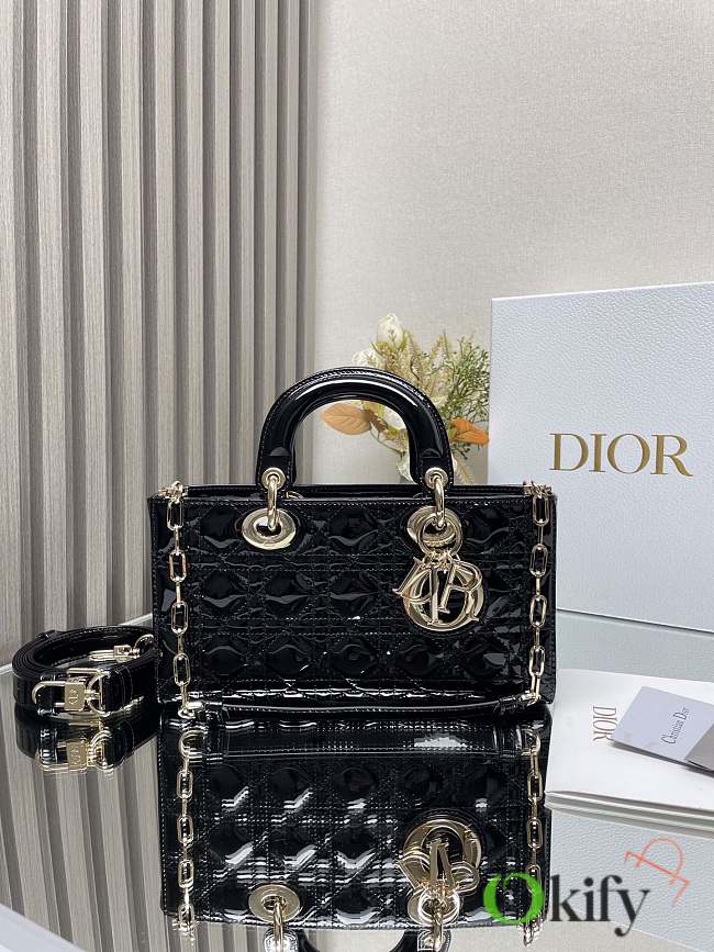 Okify Dior Medium Lady D-Joy Bag Black Patent Cannage Calfskin - 1