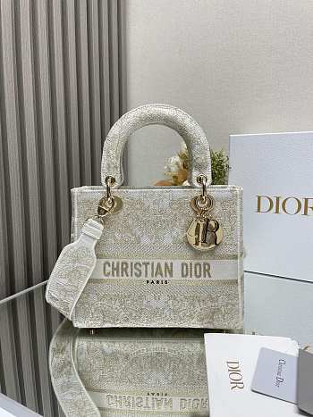 Okify Dior Medium Lady D-Lite Bag Gold-Tone and White Butterfly Around The World Embroidery