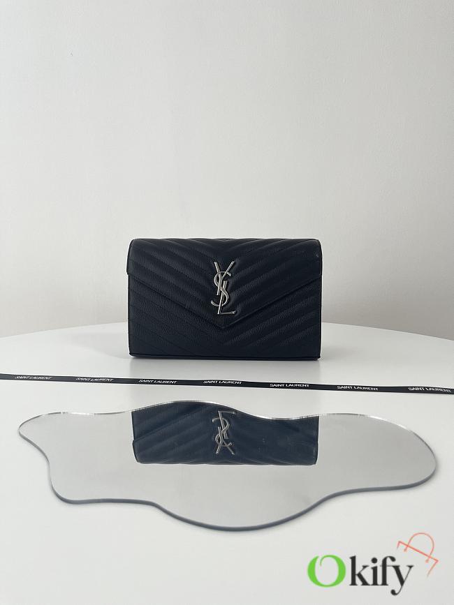 Okify YSL Classic Cassandre Chain Wallet In Grain De Poudre Leather Black Color Silver Hardware - 1