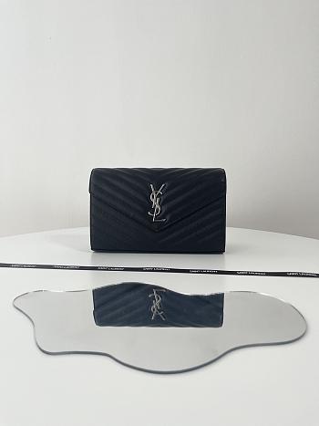 Okify YSL Classic Cassandre Chain Wallet In Grain De Poudre Leather Black Color Silver Hardware