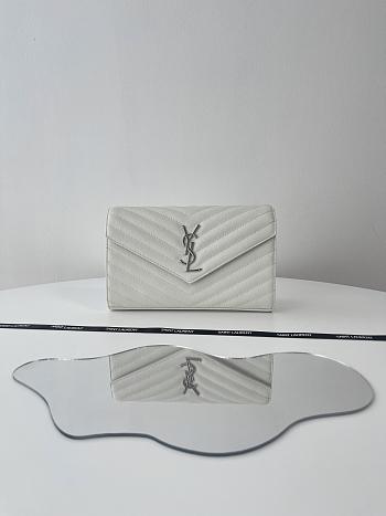 Okify YSL Classic Cassandre Chain Wallet In Grain De Poudre Leather White Color Silver Hardware