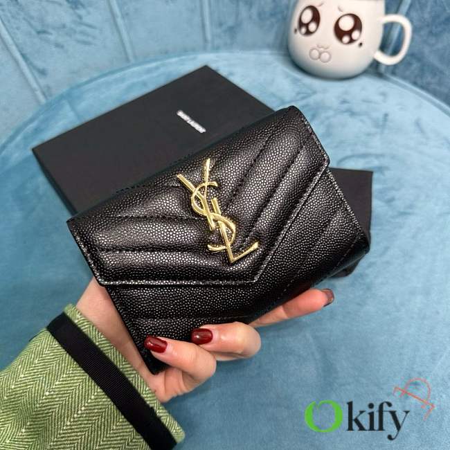 Okify YSL Cassandre Matelassé Small Envelope Wallet In Grain De Poudre Embossed Leather Black/ Gold - 1