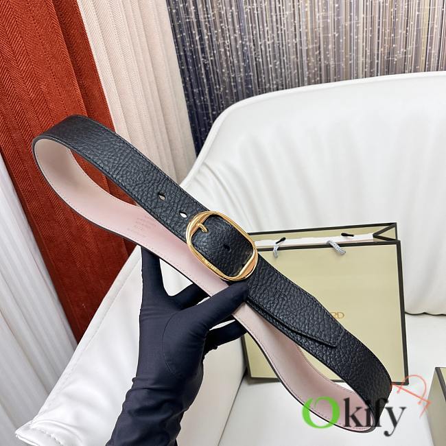 Okify Tomford Grain Leather Oval Belt 40mm Black/ Gold - 1