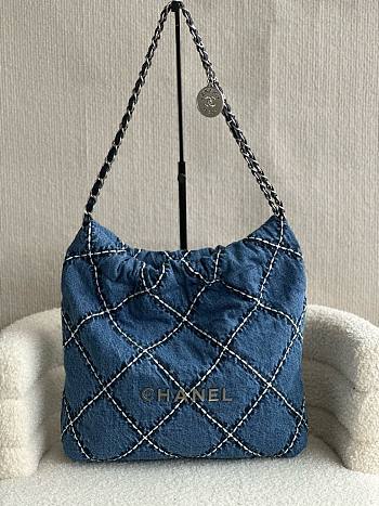 Okify CC 22 Small Handbag Stitched Denim Silver Metal Blue 37cm