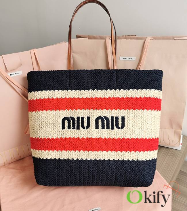 Okify Miu Miu Woven Fabric Tote Bag Beige/ Blue - 1
