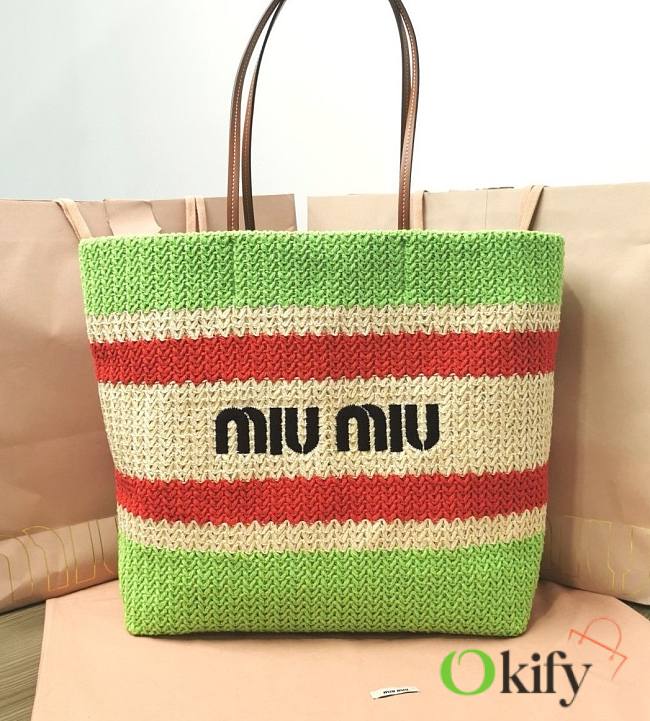 Okify Miu Miu Woven Fabric Tote Bag Beige/ Green - 1
