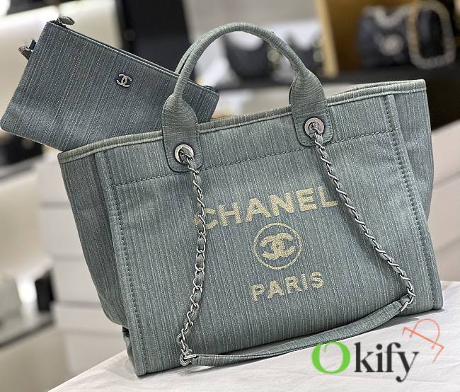 Okify CC 23S Deauville Shopping Bag Distressed Blue Denim Aged Silver Hardware - 1