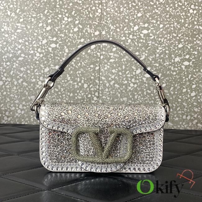 	 Okify Valentino Small Locò Rhinestones Shoulder Bag Grey 19x10.5x5cm - 1