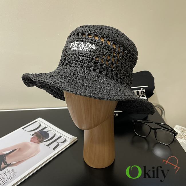 	 Okify Prada Women Raffia Bucket Hat-Black - 1