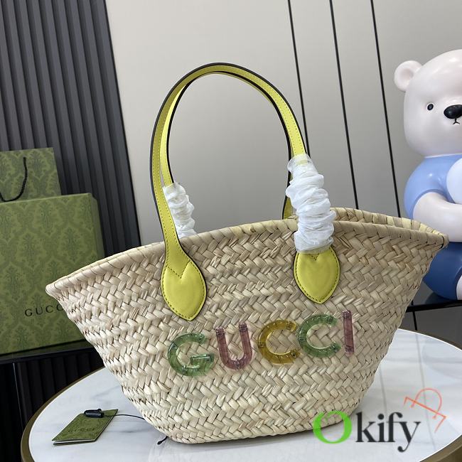 	 Okify Gucci Logo Straw Basket Bag Yellow 20.5x 19.5x 13cm - 1