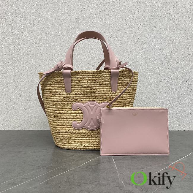 	 Okify Teen Supple Celine Classic Panier In Raffia And Calfskin Pink 21.5x22x13 - 1