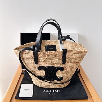 	 Okify Teen Supple Celine Classic Panier In Raffia And Calfskin Black  21.5 X 22 X 13