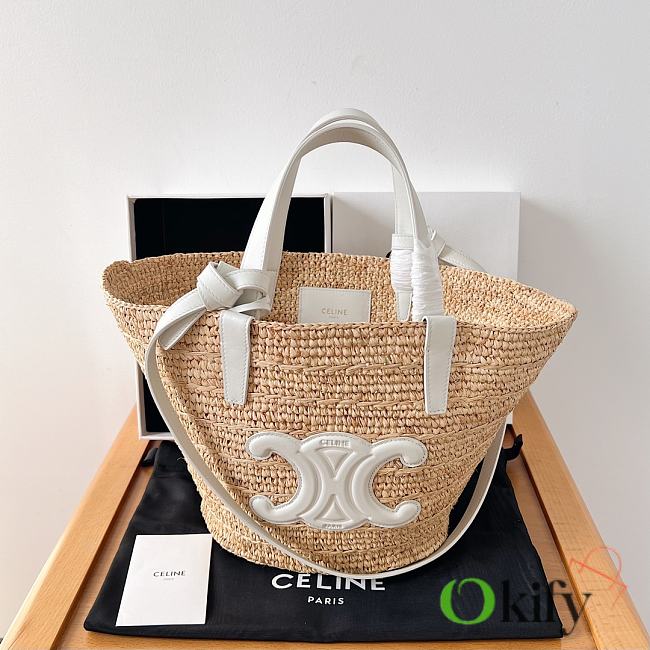 	 Okify Teen Supple Celine Classic Panier In Raffia And Calfskin White 21.5 X 22 X 13 - 1