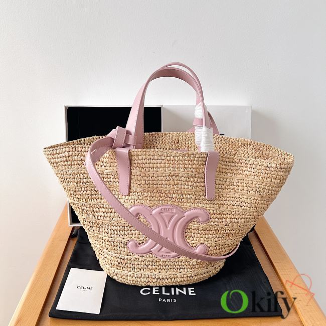 	 Okify Teen Supple Celine Classic Panier In Raffia And Calfskin Pink 21.5 X 22 X 13 - 1