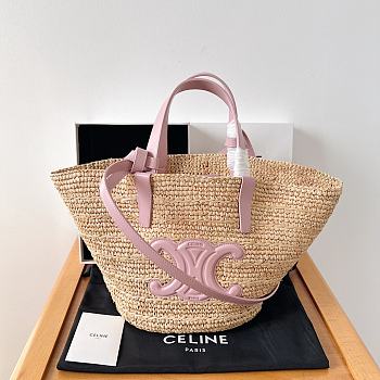 	 Okify Teen Supple Celine Classic Panier In Raffia And Calfskin Pink 21.5 X 22 X 13