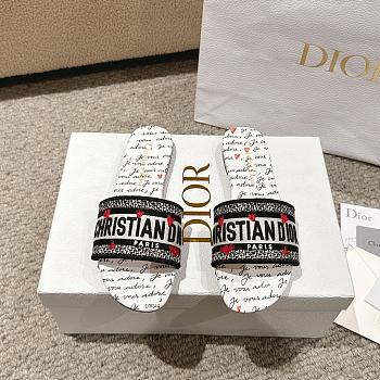 	 Okify Dior Dioramour Dway Slide Black and White Embroidered Cotton with Black and Red Je Vous Adore Motif