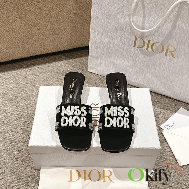 Okify Dior Dway Heeled Slide Black and White Embroidered Cotton - 1