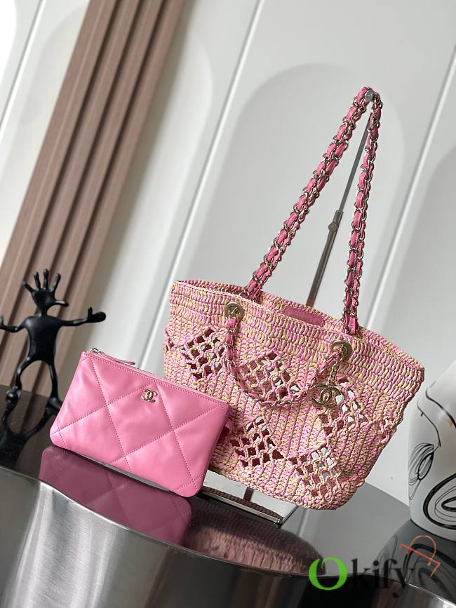 Okify Chanel Small Tote Raffia Effect Braided & Gold-Tone Metal Beige & Pink - 1