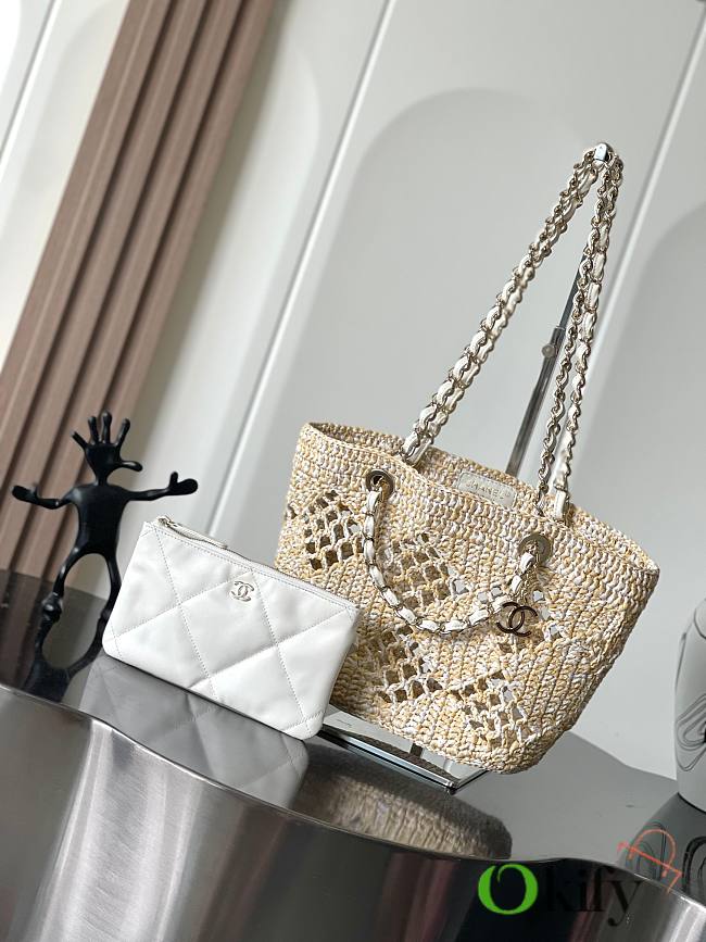 	 Okify Chanel Small Tote Raffia Effect Braided & Gold-Tone Metal Beige & White - 1