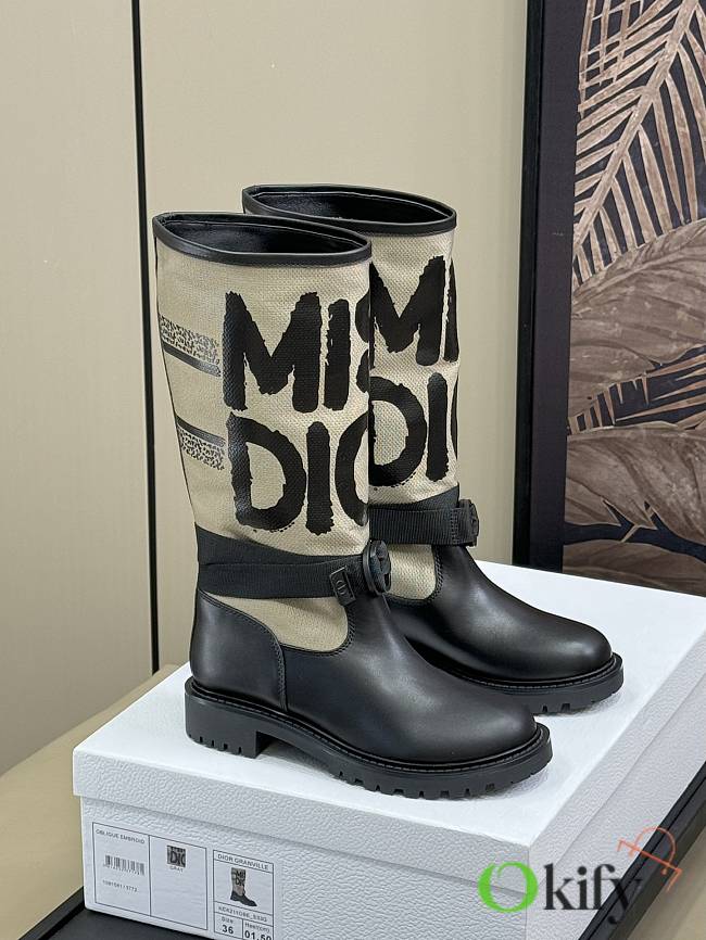 Okify D-Major Boot Warm Taupe Technical Canvas with Black Miss Dior Graffiti Print and Black Calfskin - 1