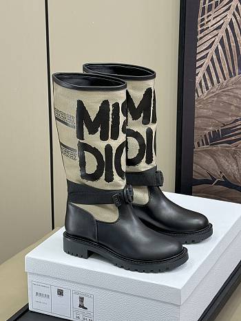 Okify D-Major Boot Warm Taupe Technical Canvas with Black Miss Dior Graffiti Print and Black Calfskin