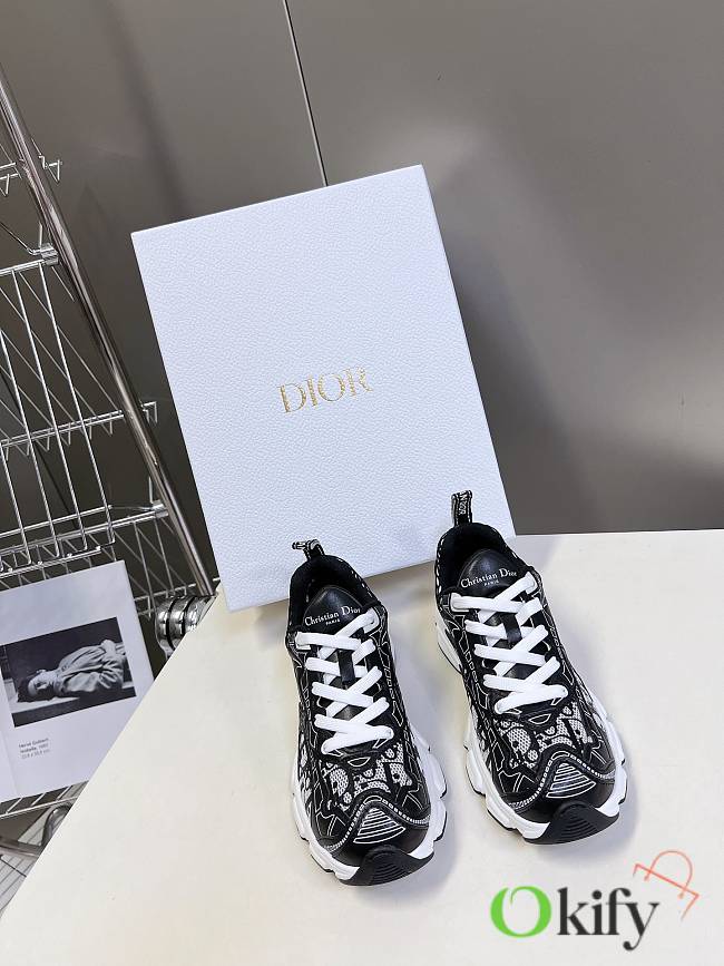 Okify Dior Vibe Sneaker White Mesh Printed with Dior Oblique Motif and Black Leather-Effect Panels - 1