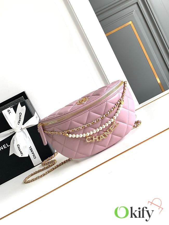 Okify Chanel Fanny Pack, Shiny Lambskin, Faux Pearls & Gold Metallic Light Pink 17x2x11cm - 1