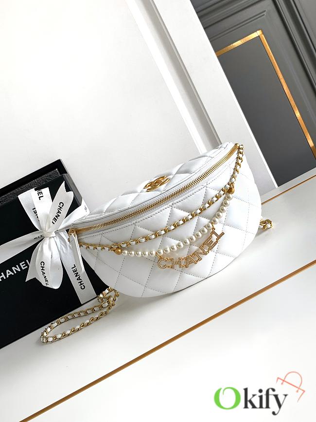 Okify Chanel Fanny Pack, Shiny Lambskin, Faux Pearls & Gold Metallic White 17x2x11cm - 1