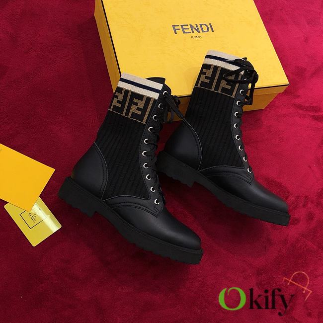 Okify Fendi Rockoko Black leather biker boots with stretch fabric  - 1