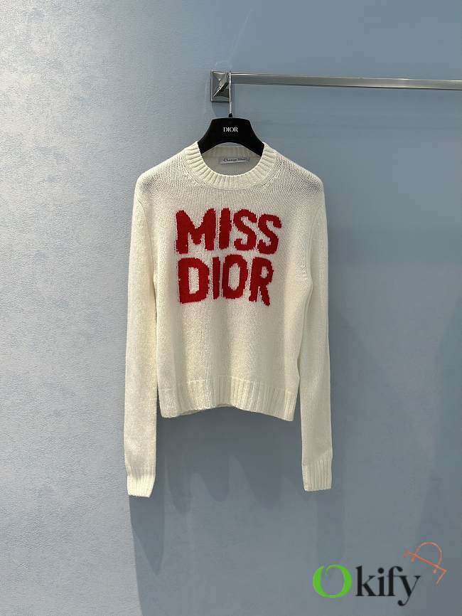 Okify Dior Sweater Ecru Cashmere and Silk Knit with Red  - 1