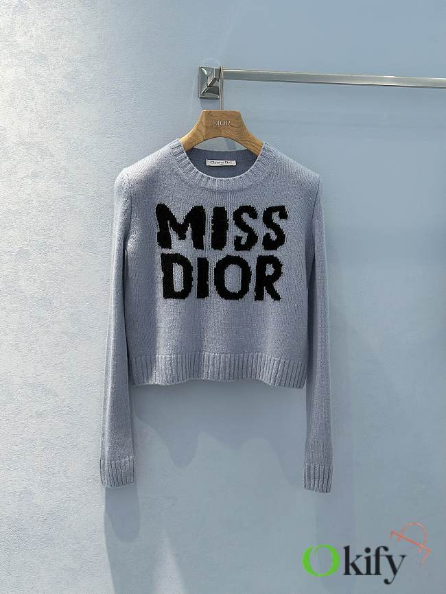 Okify Dior Sweater Pale Blue Cashmere and Silk Knit with Black  - 1