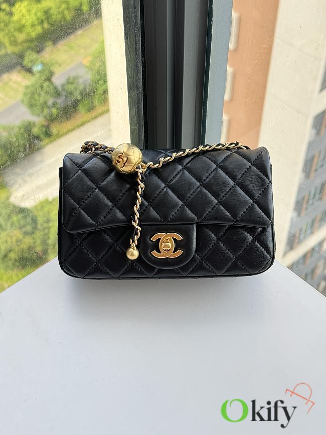 Okify Chanel Lambskin Mini Pearl Flap Black Gold 20cm - 1