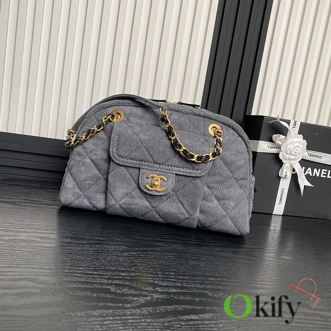 Okify Chanel Maxi Bowling Bag Light Grey Denim Antique Gold Hardware  21.5×33×14.5cm - 1