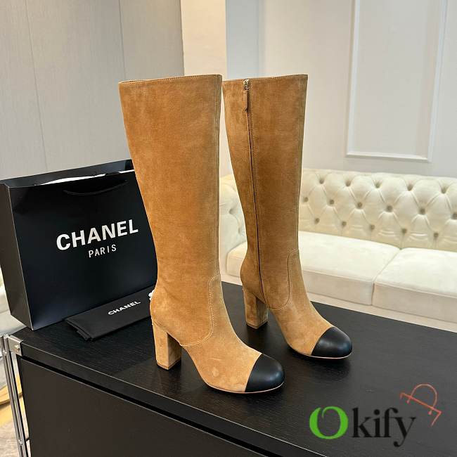 Okify Chanel High-top Boots Suede & Sheepskin Light Brown & Black Heel Height: 8cm - 1