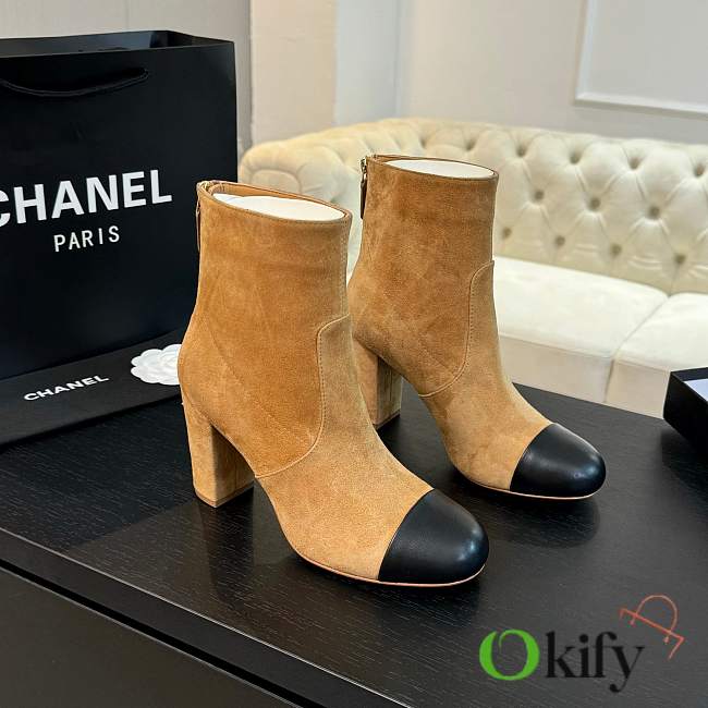 Okify Chanel Low-cut Boots Suede & Sheepskin Light Brown & Black Height 7cm - 1