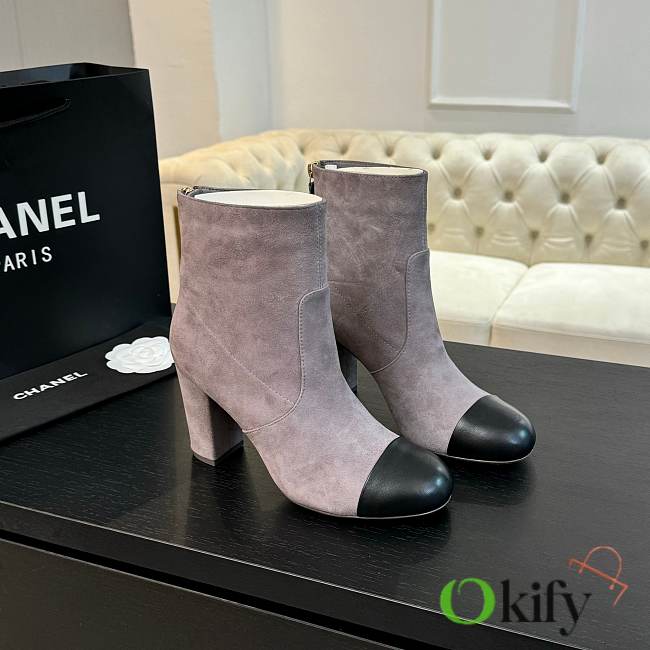 Okify Chanel Low-cut Boots Suede & Sheepskin Light Pink & Black Height 7cm - 1