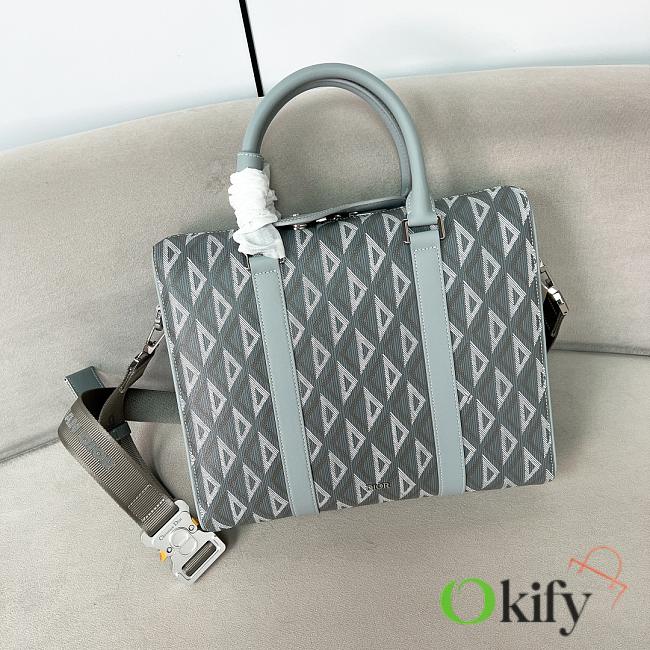 Okify Dior Zipper Briefcase Light Blue CD Diamond coated cotton canvas and Blue grained calfskin leather 35x27x6cm - 1