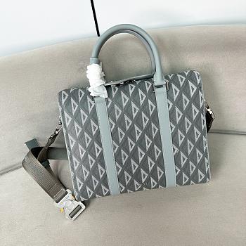 Okify Dior Zipper Briefcase Light Blue CD Diamond coated cotton canvas and Blue grained calfskin leather 35x27x6cm