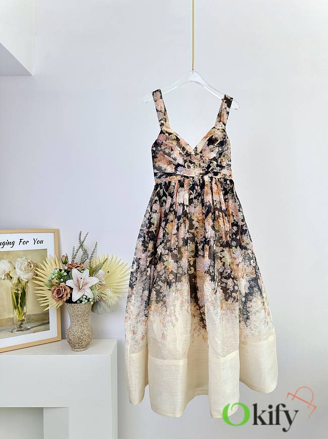 Okify Zimmermann Milk Tea Color Rococo Floral Pattern Suspender Long Skirt Midi Dress - 1