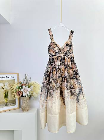 Okify Zimmermann Milk Tea Color Rococo Floral Pattern Suspender Long Skirt Midi Dress