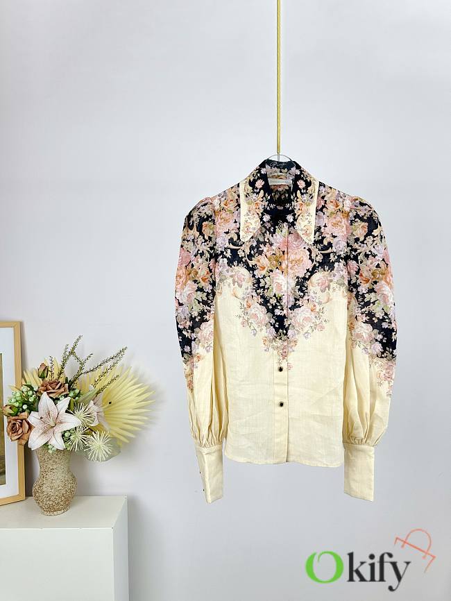 Okify Zimmermann Milk Tea Color Rococo Floral Pattern Shirt - 1