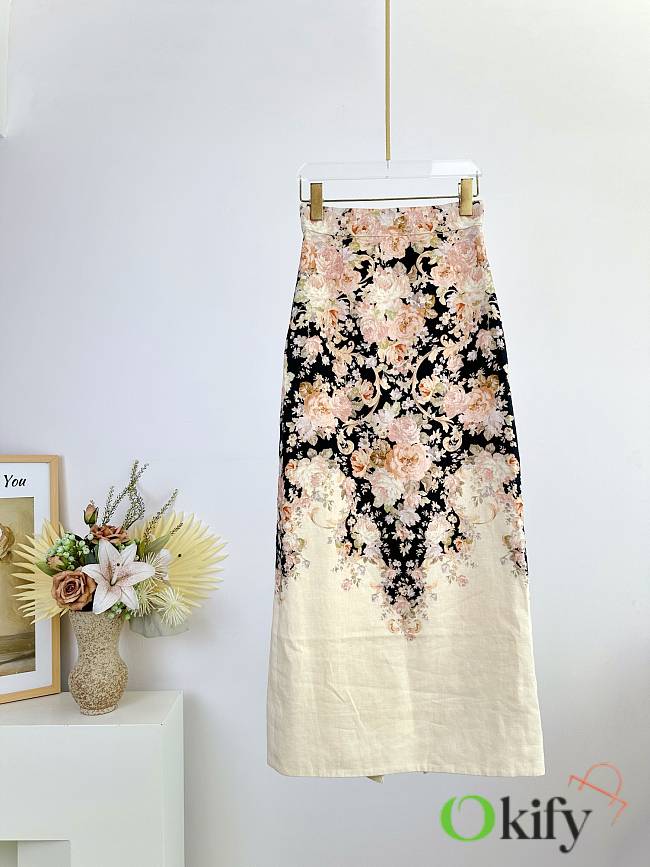 Okify Zimmermann Milk Tea Color Rococo Floral Pattern Long Skirt - 1