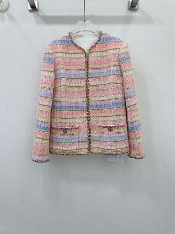 Okify Chanel colorful striped tweed long coat