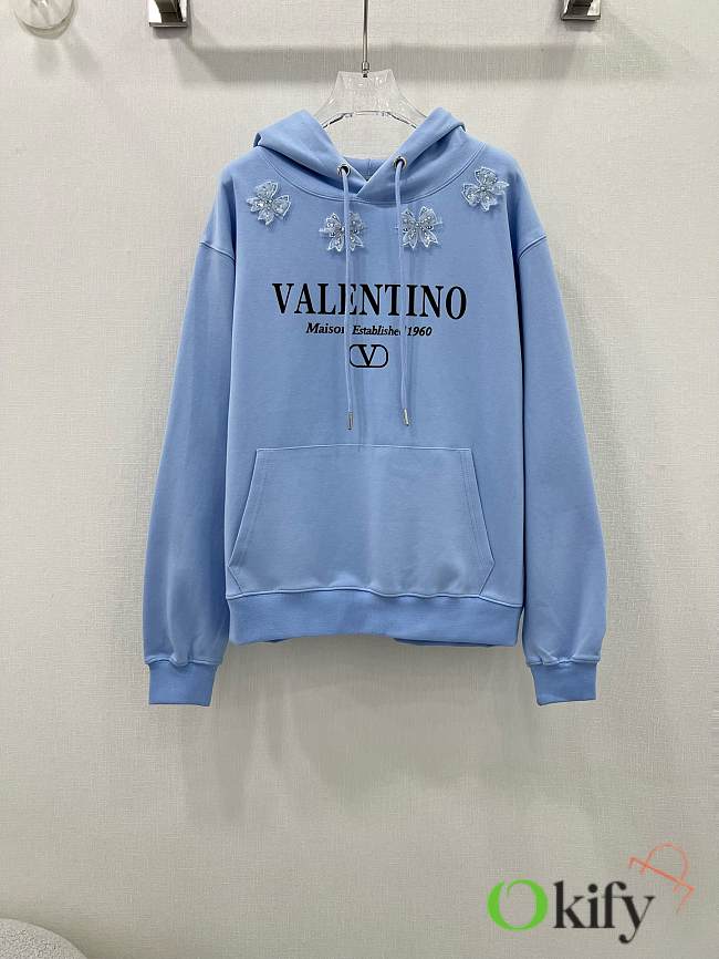 Okify Valentino three-dimensional flower beaded letter logo sweater hoodie - Blue - 1