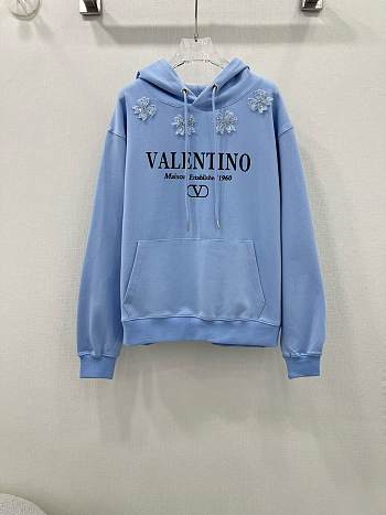 Okify Valentino three-dimensional flower beaded letter logo sweater hoodie - Blue